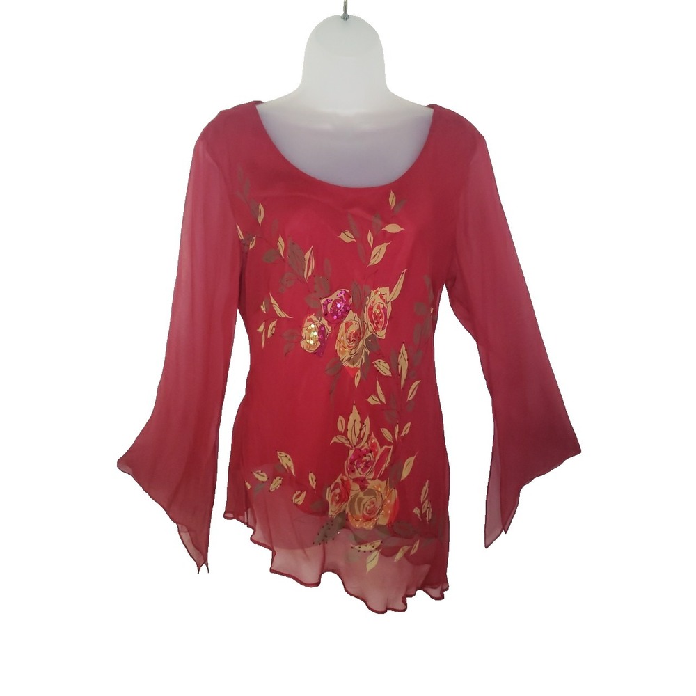 Y2K Robbie Bee Silk Tunic Top Womens 12 Red Asymmetrical Floral Beaded Fairy